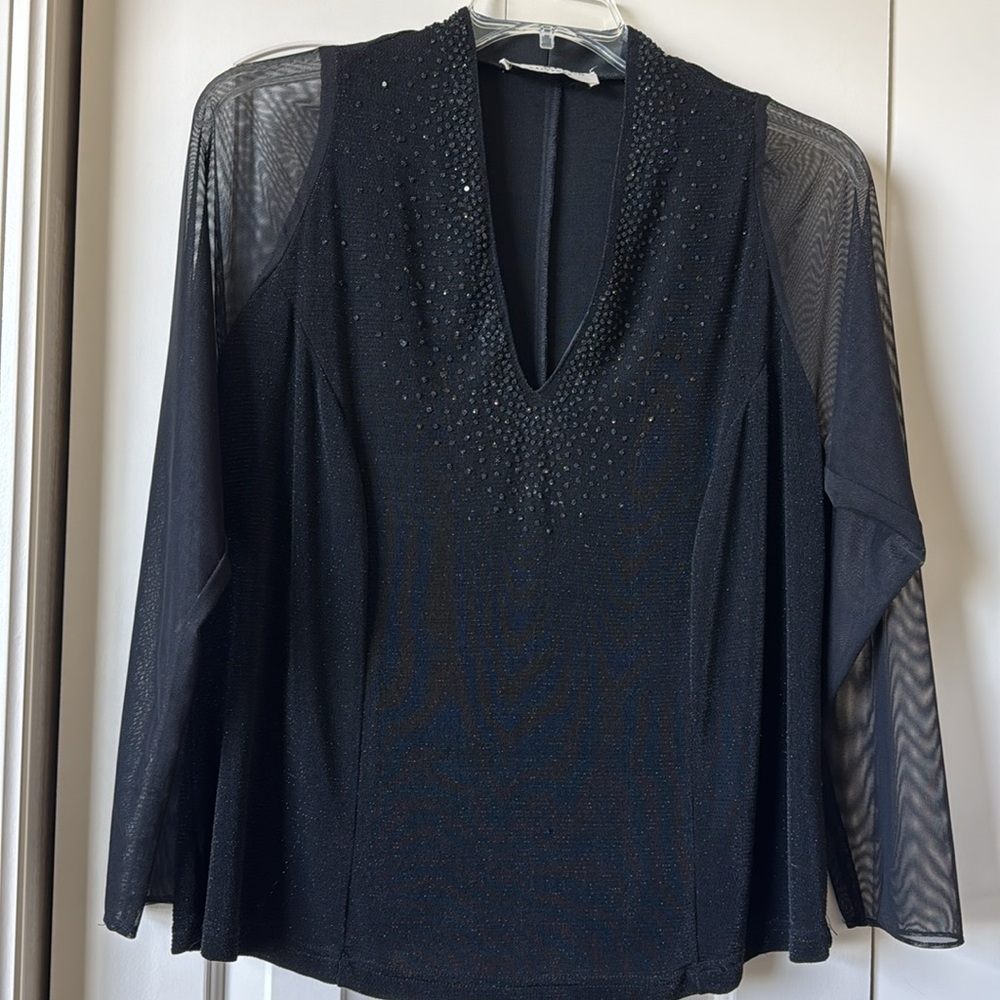 JR Nites | Women's Vintage Black Beaded Long Sleeve Mesh Shirt | Plus Size XL